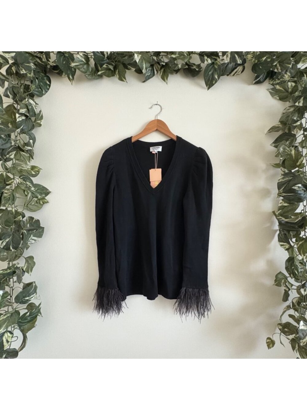 Crosby Teddie Long Sleeve Sweater Feather Sleeve Black NWT Women’s Sz XS